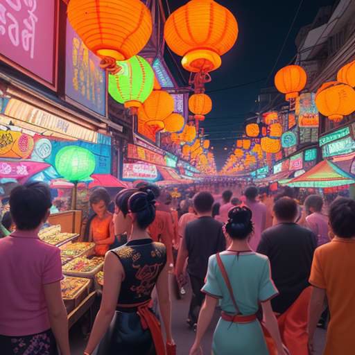 A vibrant, high-quality 3D anime-style animation of a Thai festival market, featuring glowing lanterns, neon lights, and expressive characters in a bustling street.