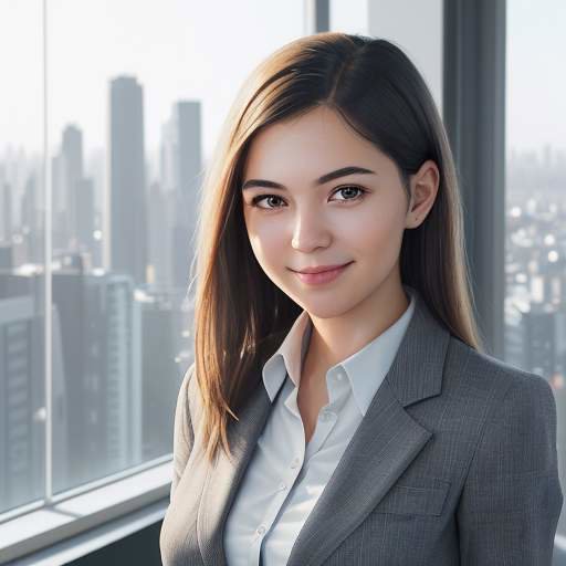 A professional portrait of a confident young woman in business attire smiling in a modern office with a city skyline view.