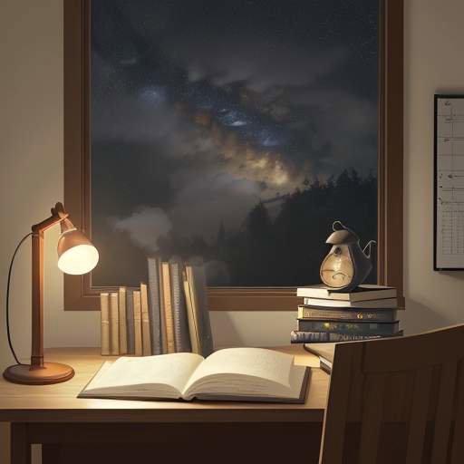 A cozy, dimly lit study nook at night featuring a desk lamp illuminating calculus notes, textbooks, and a steaming cup of tea.