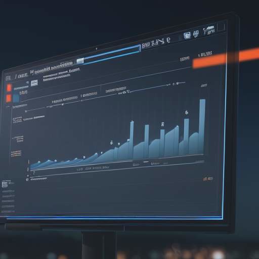 A close-up of a glowing digital interface displaying stylized graphs and data points representing educational funding, set against a blurred modern university campus at dusk.