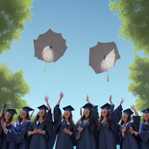 A diverse group of graduates in caps and gowns throwing their mortarboards into the air during a celebratory university graduation ceremony under a bright blue sky.
