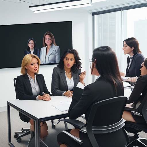 A diverse group of professional women in a modern boardroom collaborating and discussing a project on a large screen, embodying empowerment and teamwork.