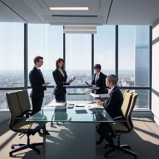 A diverse group of professionals in a modern office overlooking a European city, collaborating over a digital map and a tablet featuring French text.