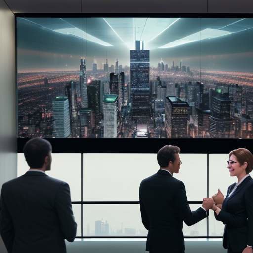 A diverse group of young professionals in business-casual attire smiling and shaking hands in a modern corporate office lobby with a digital city skyline in the background.