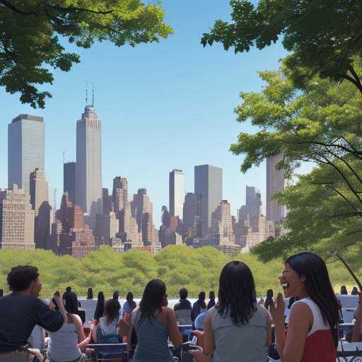 A group of diverse students laughing and talking together in a sunny New York City park with the city skyline in the background.