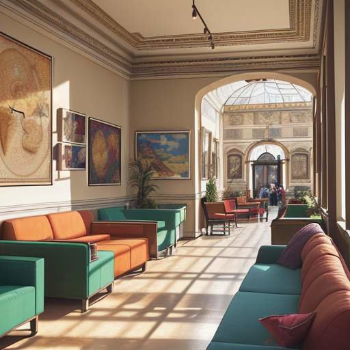 Diverse students chatting and enjoying espresso in a warm, sunlit lounge with large windows overlooking an Italian piazza.