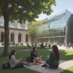 A diverse group of students sitting on a green lawn in a modern university courtyard, talking and studying near a blend of historic stone and contemporary glass architecture in soft morning sunlight.
