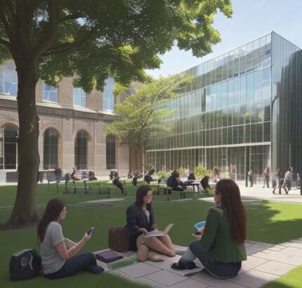 A diverse group of students sitting on a green lawn in a modern university courtyard, talking and studying near a blend of historic stone and contemporary glass architecture in soft morning sunlight.