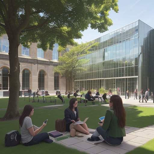A diverse group of students sitting on a green lawn in a modern university courtyard, talking and studying near a blend of historic stone and contemporary glass architecture in soft morning sunlight.