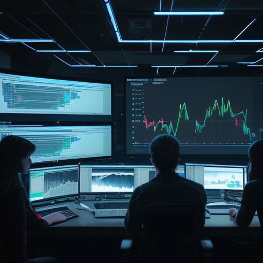 A diverse team of young professionals in a high-tech operations center standing before a large wall of monitors displaying glowing data visualizations and code.