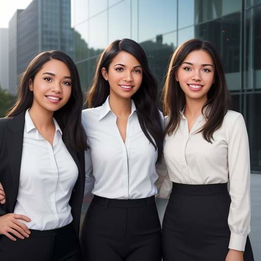 Three diverse young professionals in business-casual attire smiling confidently in front of a modern glass building.