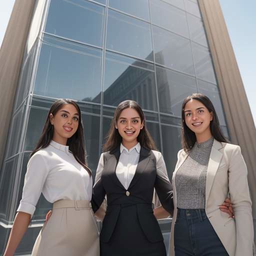 Three diverse, smiling young professionals in smart-casual attire stand confidently in front of a modern glass and stone building in Rome.