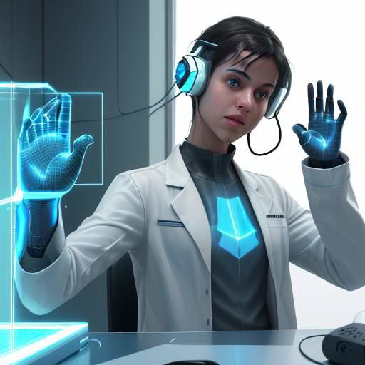 A young engineer in a sleek headset uses hand gestures to manipulate a holographic 3D model of a robotic arm in a modern, sunlit laboratory.