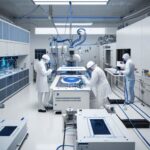 Engineering students in white cleanroom suits inspect a silicon wafer under a microscope in a high-tech semiconductor fabrication lab with robotic arms in the background.