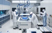 Engineering students in white cleanroom suits inspect a silicon wafer under a microscope in a high-tech semiconductor fabrication lab with robotic arms in the background.