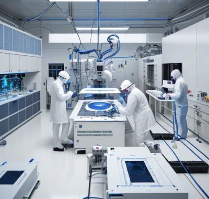 Engineering students in white cleanroom suits inspect a silicon wafer under a microscope in a high-tech semiconductor fabrication lab with robotic arms in the background.