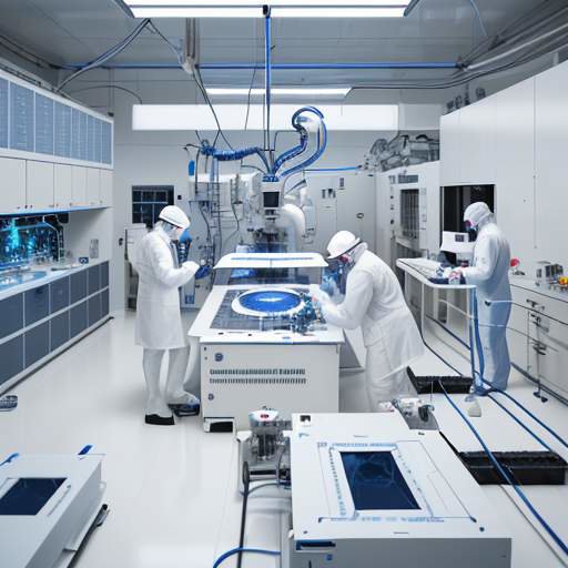 Engineering students in white cleanroom suits inspect a silicon wafer under a microscope in a high-tech semiconductor fabrication lab with robotic arms in the background.