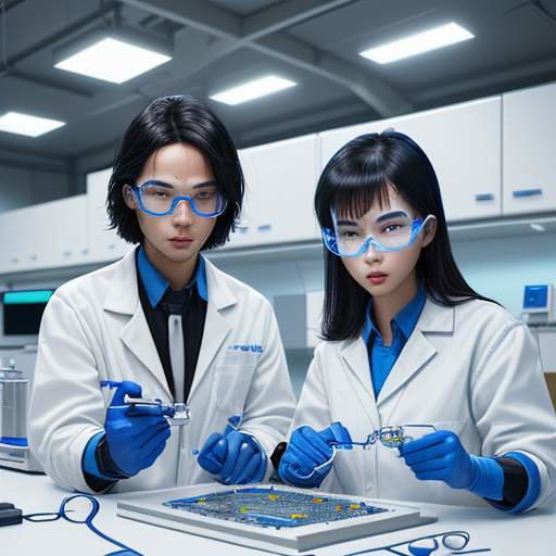 Two engineers of diverse backgrounds wearing protective gear work together on a circuit board in a high-tech laboratory with blue LED lighting.