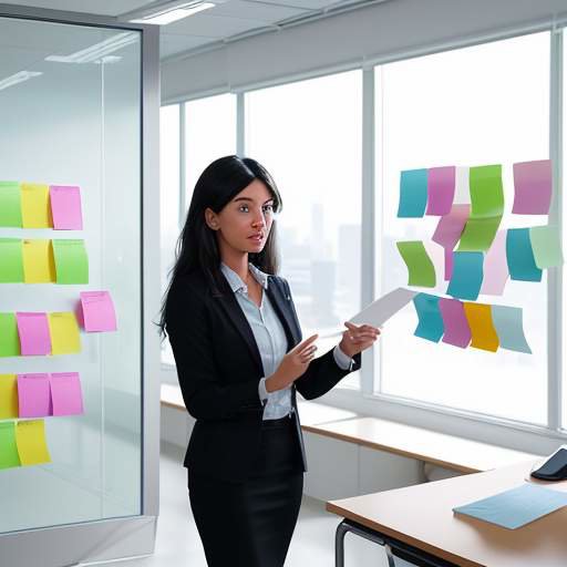 A young female entrepreneur explains a concept involving AI and critical thinking to a diverse group of students in a modern, sunlit office in front of a wall of sticky notes.