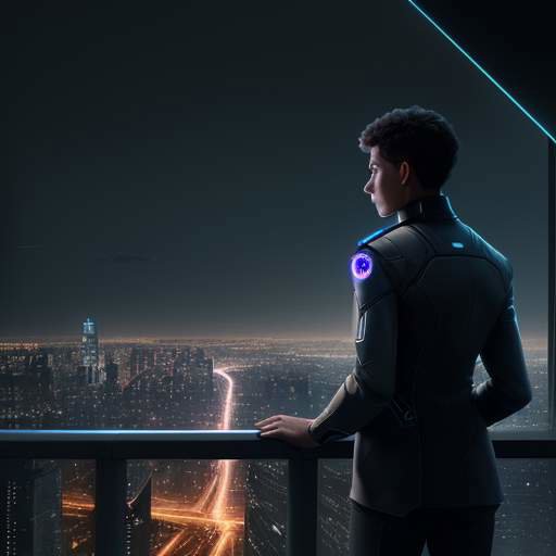 A young professional stands on a balcony overlooking a futuristic city skyline at night, where glowing lights and data streams symbolize the intersection of human creativity and machine intelligence.