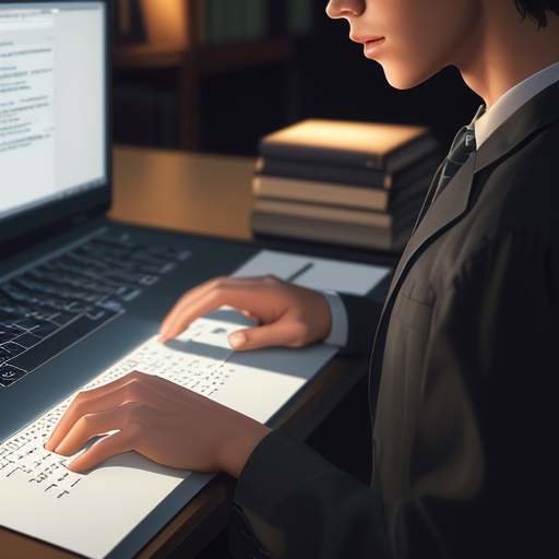 A close-up of a graduate's hands typing on a backlit keyboard in a dimly lit library, with blurred screens showing code and data visualizations in the background.