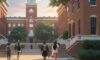 A cinematic wide-angle view of the Howard University campus at golden hour, featuring red brick buildings with white columns and diverse students walking across a lush green quad.