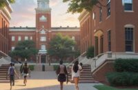 A cinematic wide-angle view of the Howard University campus at golden hour, featuring red brick buildings with white columns and diverse students walking across a lush green quad.