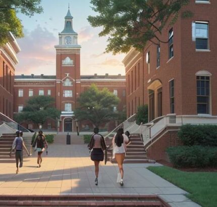 A cinematic wide-angle view of the Howard University campus at golden hour, featuring red brick buildings with white columns and diverse students walking across a lush green quad.