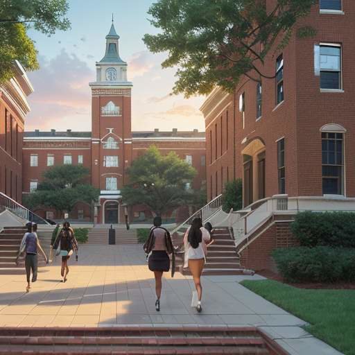A cinematic wide-angle view of the Howard University campus at golden hour, featuring red brick buildings with white columns and diverse students walking across a lush green quad.