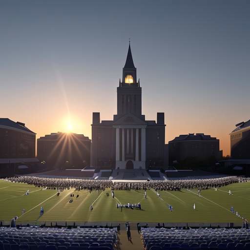 Graduates in navy blue and white caps and gowns walk across a stage during a sunset ceremony at Howard University, celebrating their academic achievements.