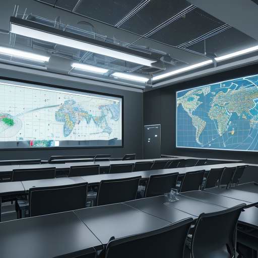 A professor demonstrates a 3D holographic model in a modern, high-tech classroom while students watch with interest and take notes on tablets.