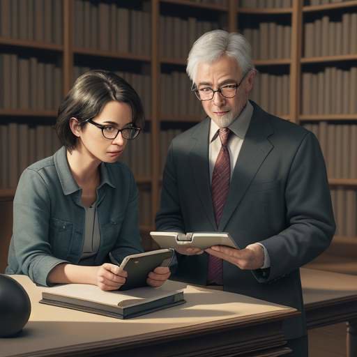 An older mentor and a younger researcher with glasses have a deep conversation in a modern library, surrounded by books and high-tech tablets.