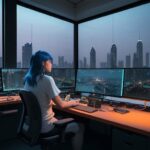A cinematic wide shot of a modern animation studio in Bangkok at dusk, showing artists working on 3D character designs on high-tech dual-monitor workstations with a glowing city skyline visible through large windows.