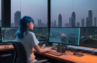 A cinematic wide shot of a modern animation studio in Bangkok at dusk, showing artists working on 3D character designs on high-tech dual-monitor workstations with a glowing city skyline visible through large windows.