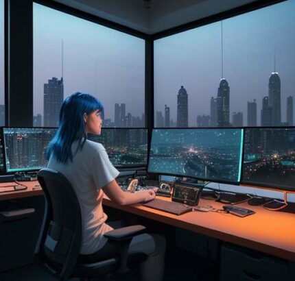 A cinematic wide shot of a modern animation studio in Bangkok at dusk, showing artists working on 3D character designs on high-tech dual-monitor workstations with a glowing city skyline visible through large windows.