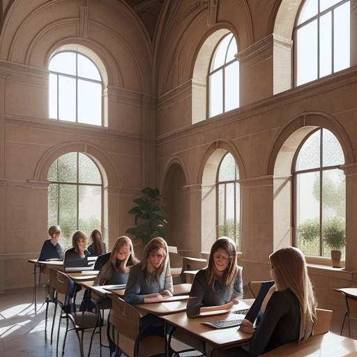 Students using laptops and tablets at wooden tables in a modern classroom featuring exposed brick, elegant arches, and large windows overlooking an Italian courtyard.