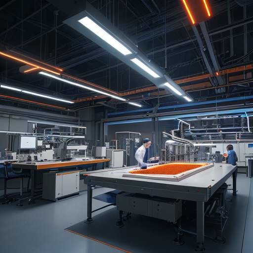 A cinematic wide shot of a modern engineering laboratory featuring a high-tech bridge model with glowing lights in the foreground and engineers analyzing complex data graphs on monitors in the background.