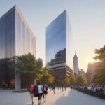 A modern, glass-fronted academic building in lower Manhattan at sunset, with students walking across a plaza in front of the contemporary architecture.