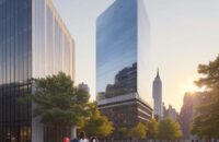 A modern, glass-fronted academic building in lower Manhattan at sunset, with students walking across a plaza in front of the contemporary architecture.