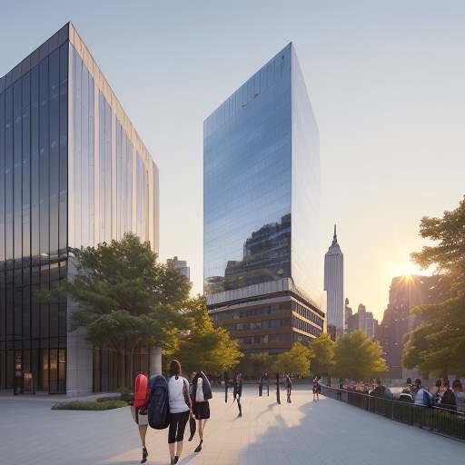 A modern, glass-fronted academic building in lower Manhattan at sunset, with students walking across a plaza in front of the contemporary architecture.