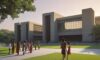 A cinematic wide-angle shot of a modern Indian university campus at sunset, featuring students walking on a lush green lawn amidst architecture blending traditional stone carvings with contemporary glass facades.