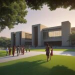 A cinematic wide-angle shot of a modern Indian university campus at sunset, featuring students walking on a lush green lawn amidst architecture blending traditional stone carvings with contemporary glass facades.