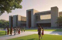 A cinematic wide-angle shot of a modern Indian university campus at sunset, featuring students walking on a lush green lawn amidst architecture blending traditional stone carvings with contemporary glass facades.