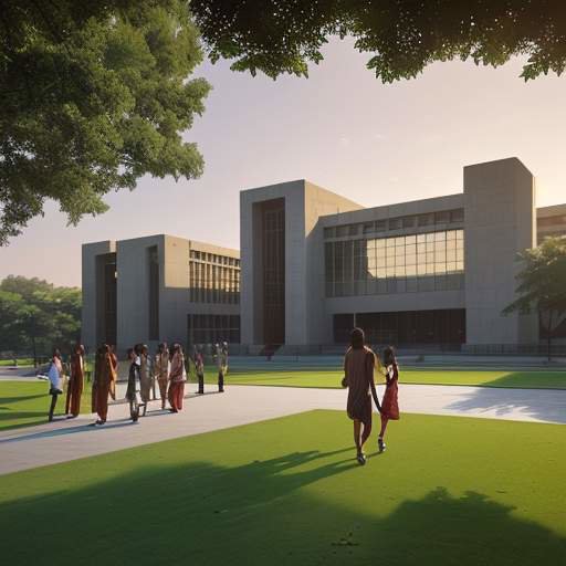 A cinematic wide-angle shot of a modern Indian university campus at sunset, featuring students walking on a lush green lawn amidst architecture blending traditional stone carvings with contemporary glass facades.