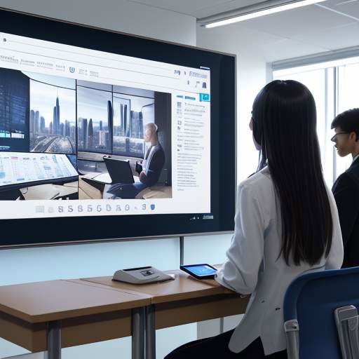 A professor presents on a large interactive screen in a modern classroom while students collaborate on a tablet, symbolizing a connected, borderless learning environment.