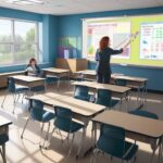 Diverse K-12 students using tablets and laptops in a modern, sunlit classroom with interactive smartboards and a teacher guiding a small group.