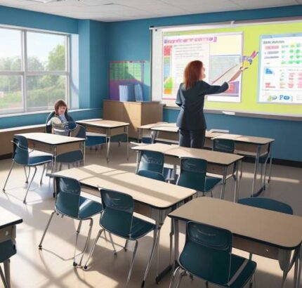 Diverse K-12 students using tablets and laptops in a modern, sunlit classroom with interactive smartboards and a teacher guiding a small group.