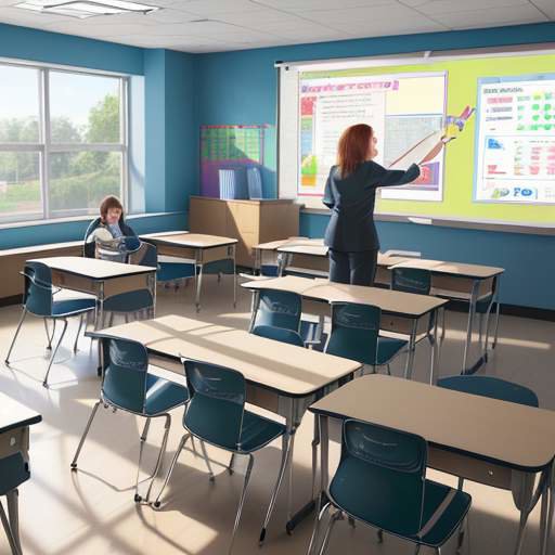 Diverse K-12 students using tablets and laptops in a modern, sunlit classroom with interactive smartboards and a teacher guiding a small group.
