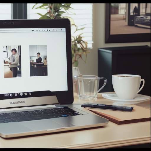 A modern office desk featuring a laptop, a cup of coffee, and a framed family photo, symbolizing the balance between professional career goals and personal life.