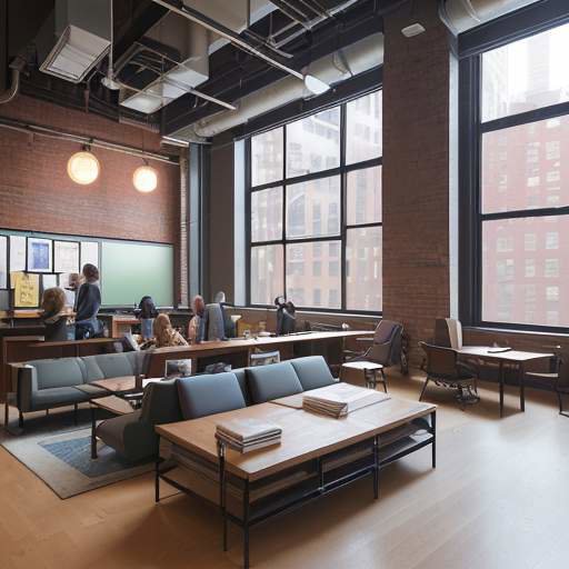 Diverse students collaborate in a modern, industrial-chic study lounge in New York City, featuring large windows, exposed brick, and cozy seating.